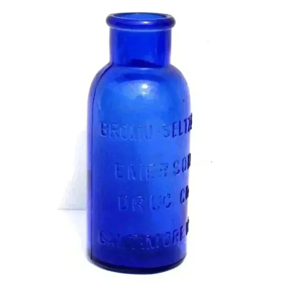 Vtg Cobalt Blue Bromo-Seltzer Emerson Drug Embossed Lettering 8 oz BOTTLE - Picture 1 of 3
